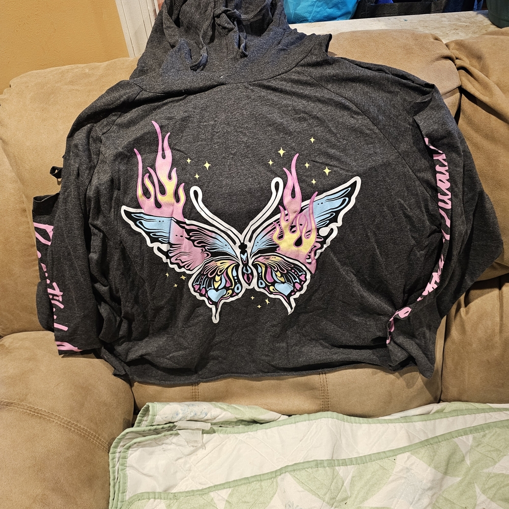 Women’s Long Sleeve Graphic Tee - Dark Gray with Pink & Pastel Butterfly Print - Picture 2 of 2